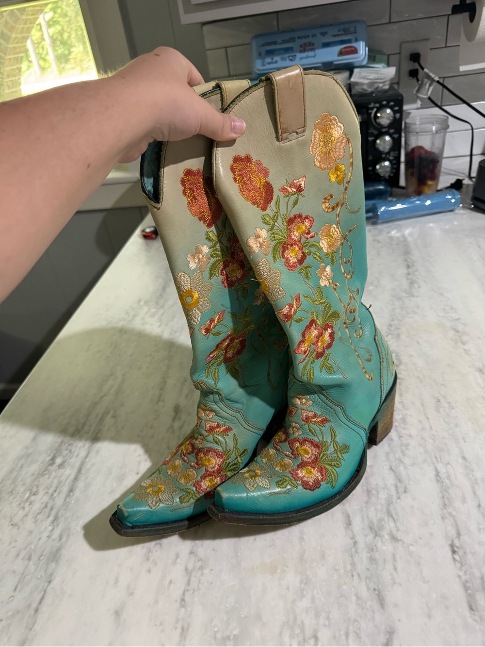 Corral Turquoise Embroidered Floral Western Cowgirl Snip Toe Leather Boots 6.5 - Picture 1 of 8